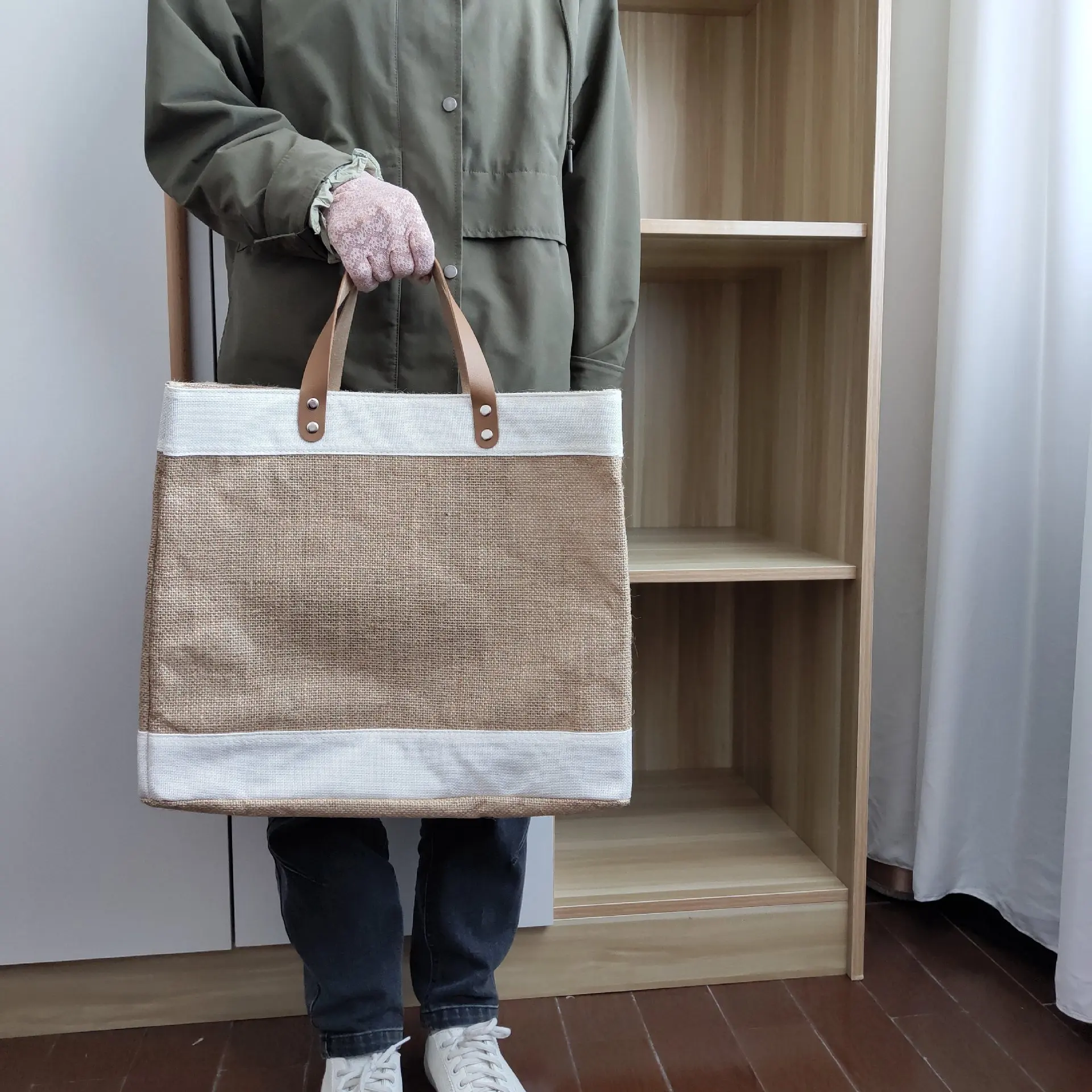 Eco customized brand logo PU leather handle plain blank linen burlap jute shopping tote bag
