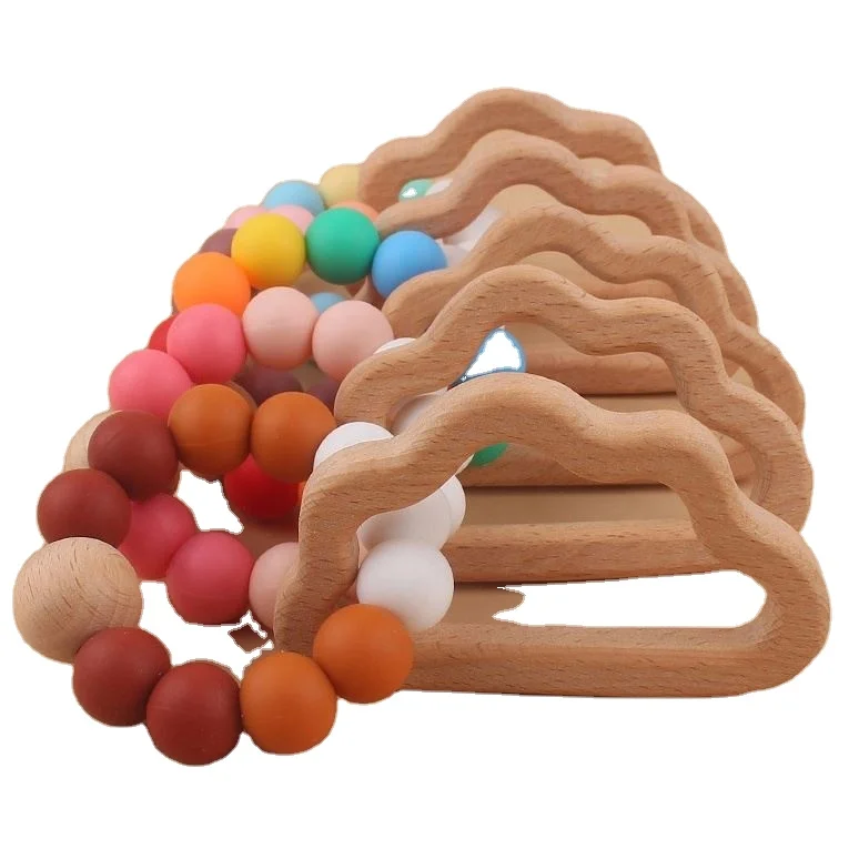 Environmental Protection Beaded Beech Chewable Sensory Baby Wooden Bracelet Silicone Teether Toys