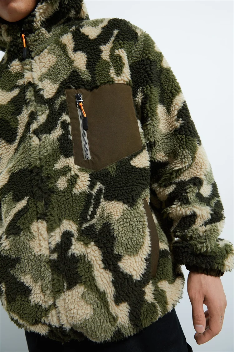 Custom men  fuzzy shearling berber fleece camo sherpa hoodie