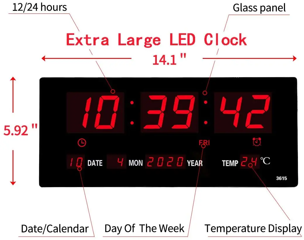 LED Digital Wall Clock Large Display with Indoor Temperature Date and Day of Week Electric Wall  Mounted Desk Clock Timer