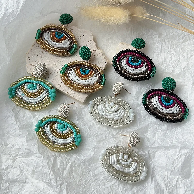 Ethnic Boho Style Handmade Glass Rice Seed Beads Women Turkish Evil Eye Earring Jewelry