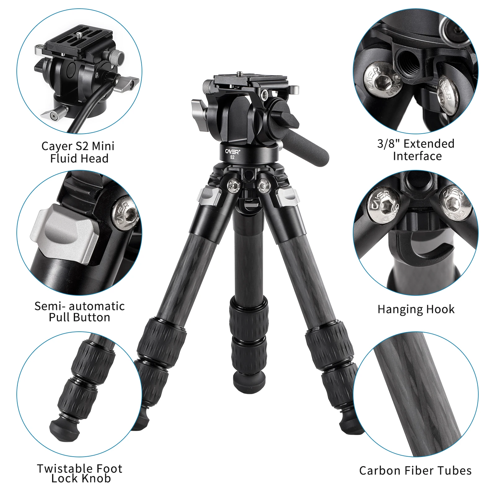 Cayer Carbon Fiber Lightweight Portable Desktop Mini Tripod with Fluid Head Flexible Mobile Cell Phone Video Tripod Holder