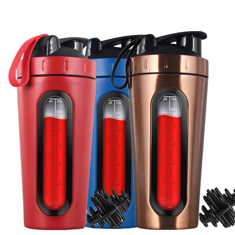 Custom Logo 700ML Shaker Bottle Visual Level Window 304 Stainless Steel Direct Drinking Protein Powder Mixing Adults Gym