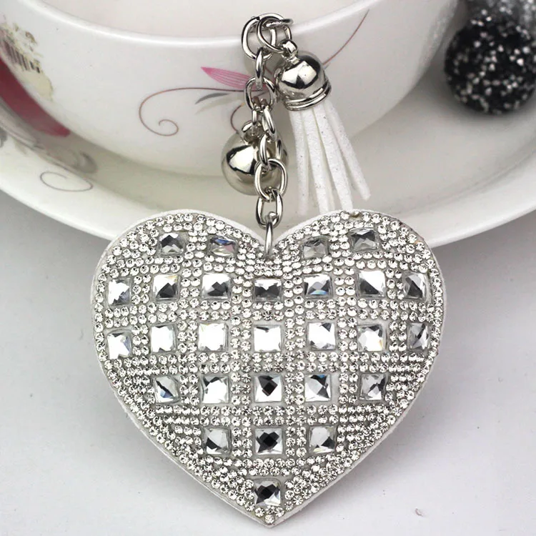 Hot Selling Fashion Korean Velvet Glass Rhinestone Bling Sparkling Peach Heart Keychain For Car Keys