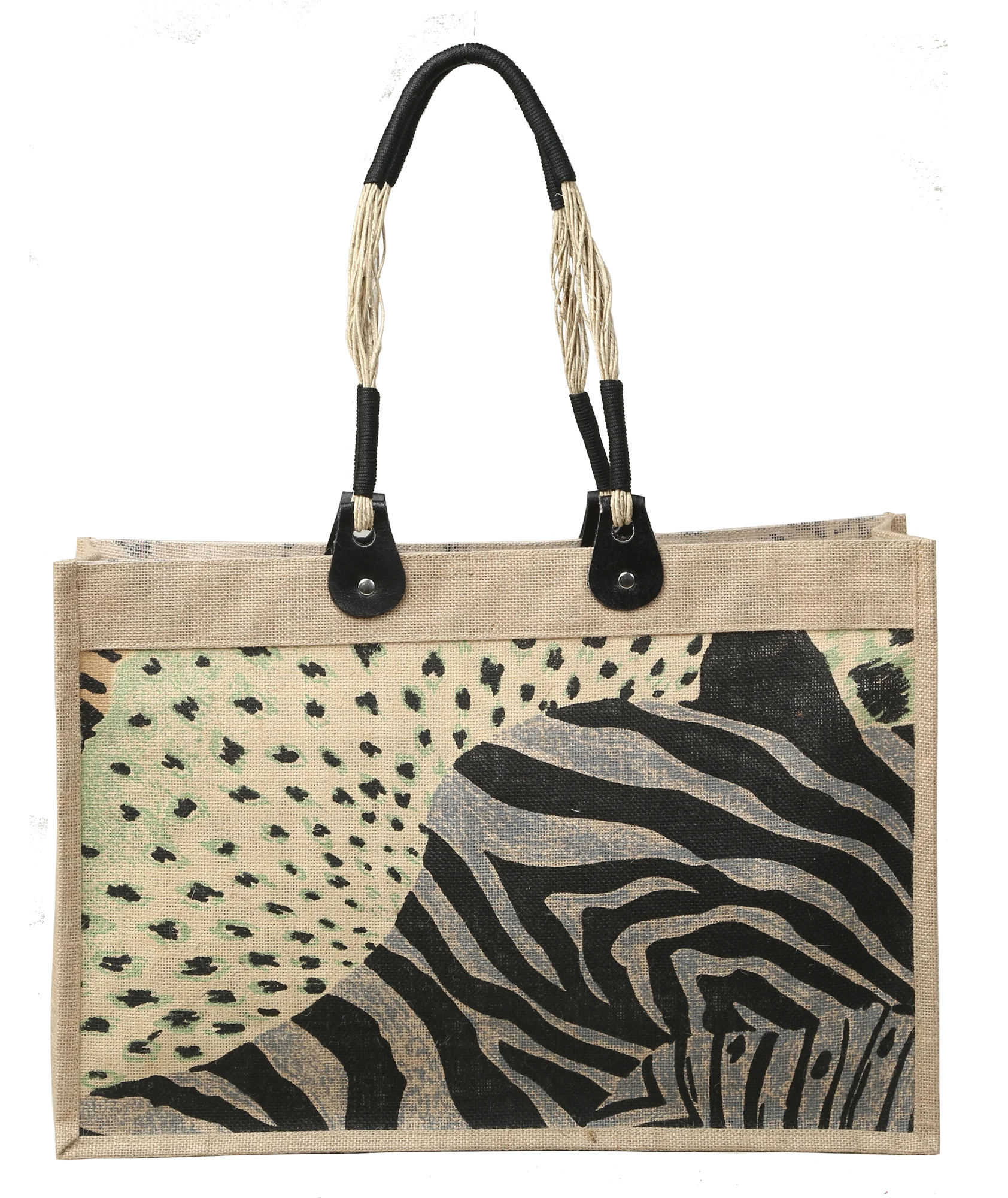 Promotional Bag Long Handle Animal Printed Jute with Fancy Pew Leather with rope designee handle made in West Bengal in India