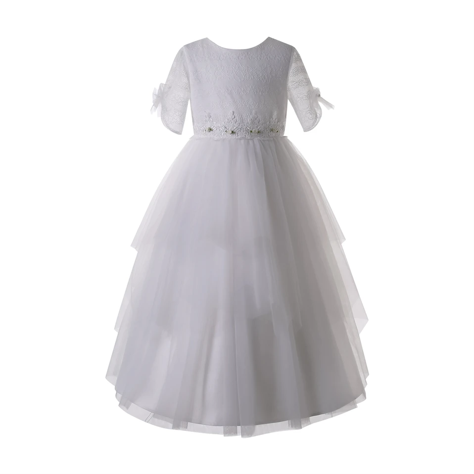 Elegant White Lace First Communion Dress with Floral Waistband and Tiered Tulle Skirt for Girls