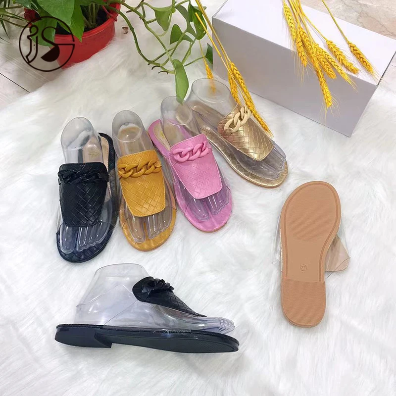 2023 Summer Hot sale ladies Sandal fashion transparent chains decorative woven solid color patchwork women flat slippers