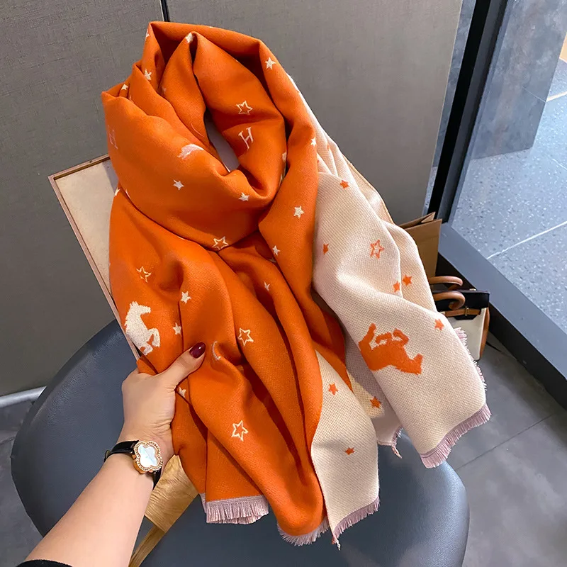 2023 New Luxury Designer Horse Pattern Blanket Shawls For Women Winter Warm Double Sided Cashmere Scarves Pashmina Shawls Stoles