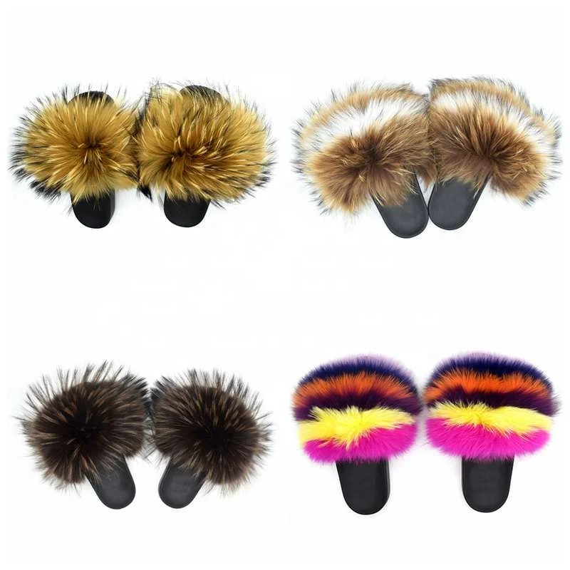 Прямая поставка, пушистые тапочки, пушистые сланцы из натурального меха енота, лисы для женщин