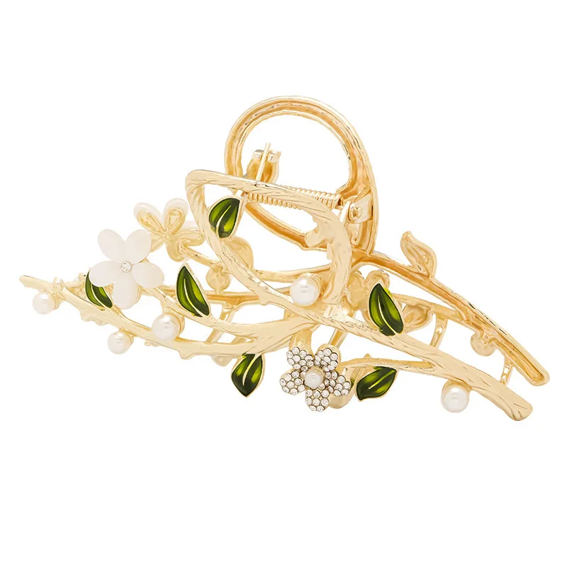Fashion  Gold Stone Diamond Pearls  Branch Flower Catcher Clips Alloy Metal Hair Accessories Wholesale Hair Claw Clip
