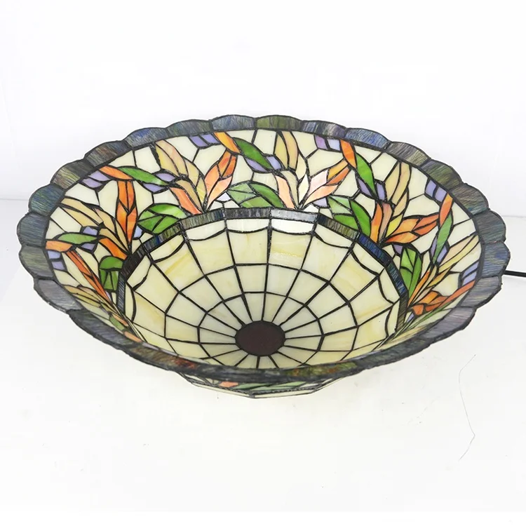LongHuiJing Tiffany Style Flower Flush mount Lamp Antique ceiling Lamps Stained Glass Handcrafted Lights
