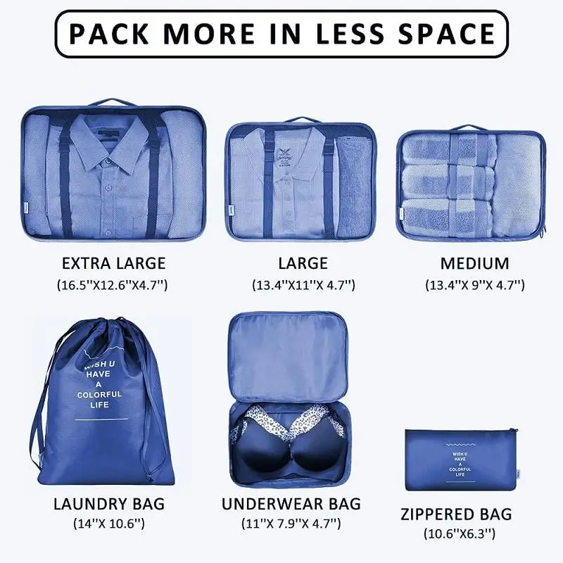 6pcs Lightweight Foldable Suitcase Organizer Unisex Travel Packing Cubes with Zipper Closure Fashionable Luggage Storage Bag Set