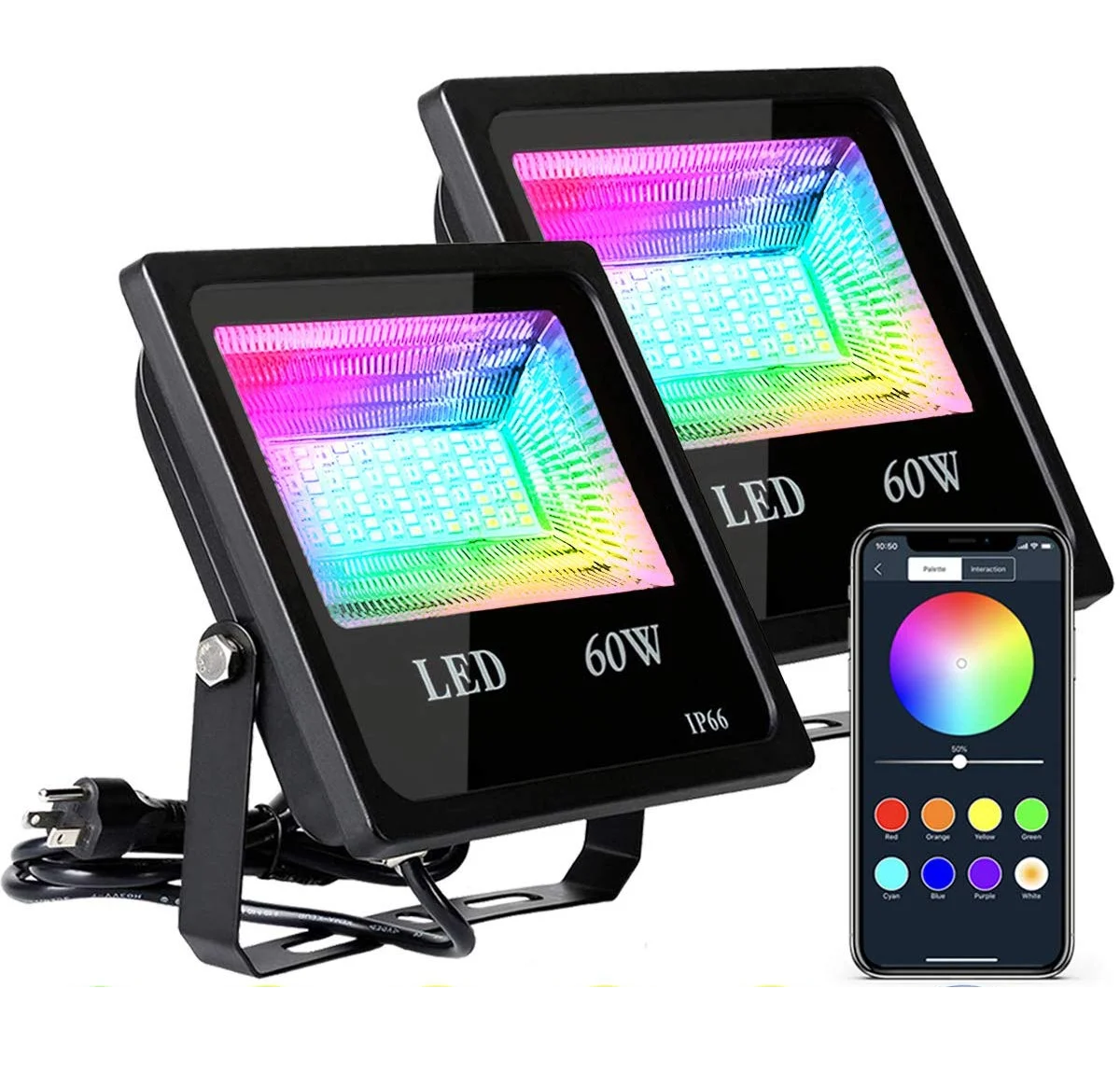 
60W RGBW Flood Light with APP Remote Control, IP66 Waterproof Dimmable Outdoor Color Changing Floodlight for home 