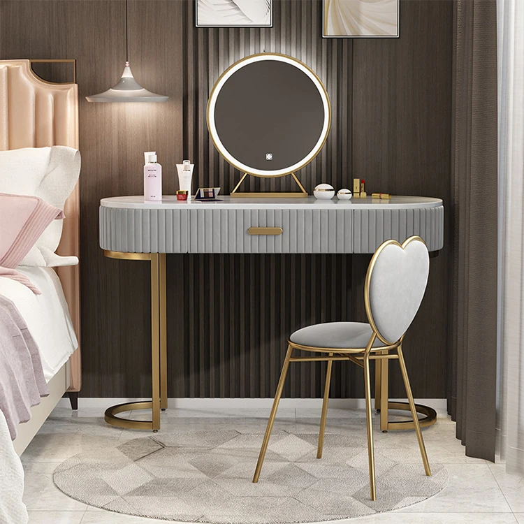 Modern Contracted Rock Board Dressing Table Lighted Mirror Dressing Table Set with Step Stool