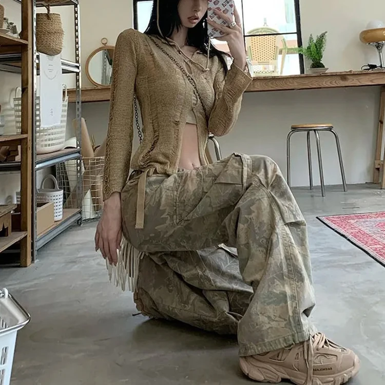 Custom OEM Manufacturer Vintage Pockets High Waist Streetwear baggy Casual ladies Long parachute Cargo Pant for women Trousers