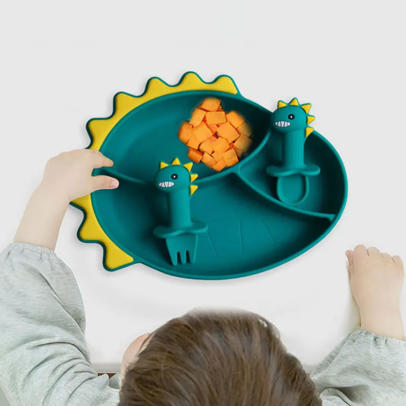 Custom Logo Silicone Dinosaur plate bib spoon and fork for baby set cheap price