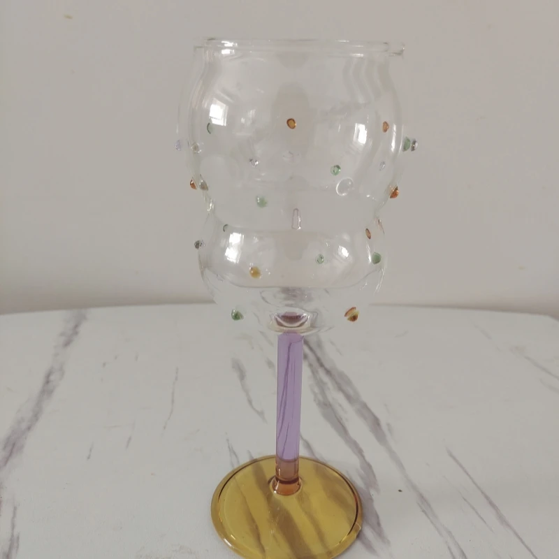 New Design Star Round Colorful Dot Wine Glasses Thin Purple Stem Drinking Glassware Red Wine Goblet with Yellow Base Party