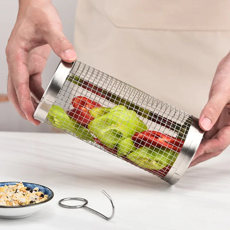 Family picnic stainless steel wire mesh cylinder barbecue basket barbecue rolling barbecue basket