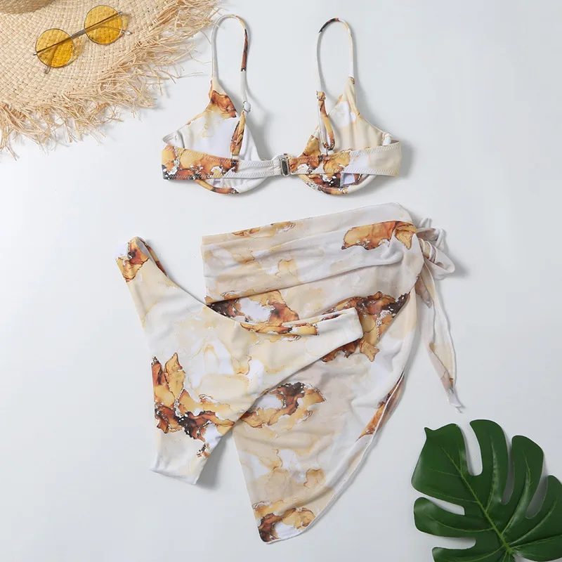 New Sexy Marble Print Push Up bikini Women Swimsuit Female Swimwear 3-piece Bikini set V-Bar Wired Short Skirt Bathing suit Swim