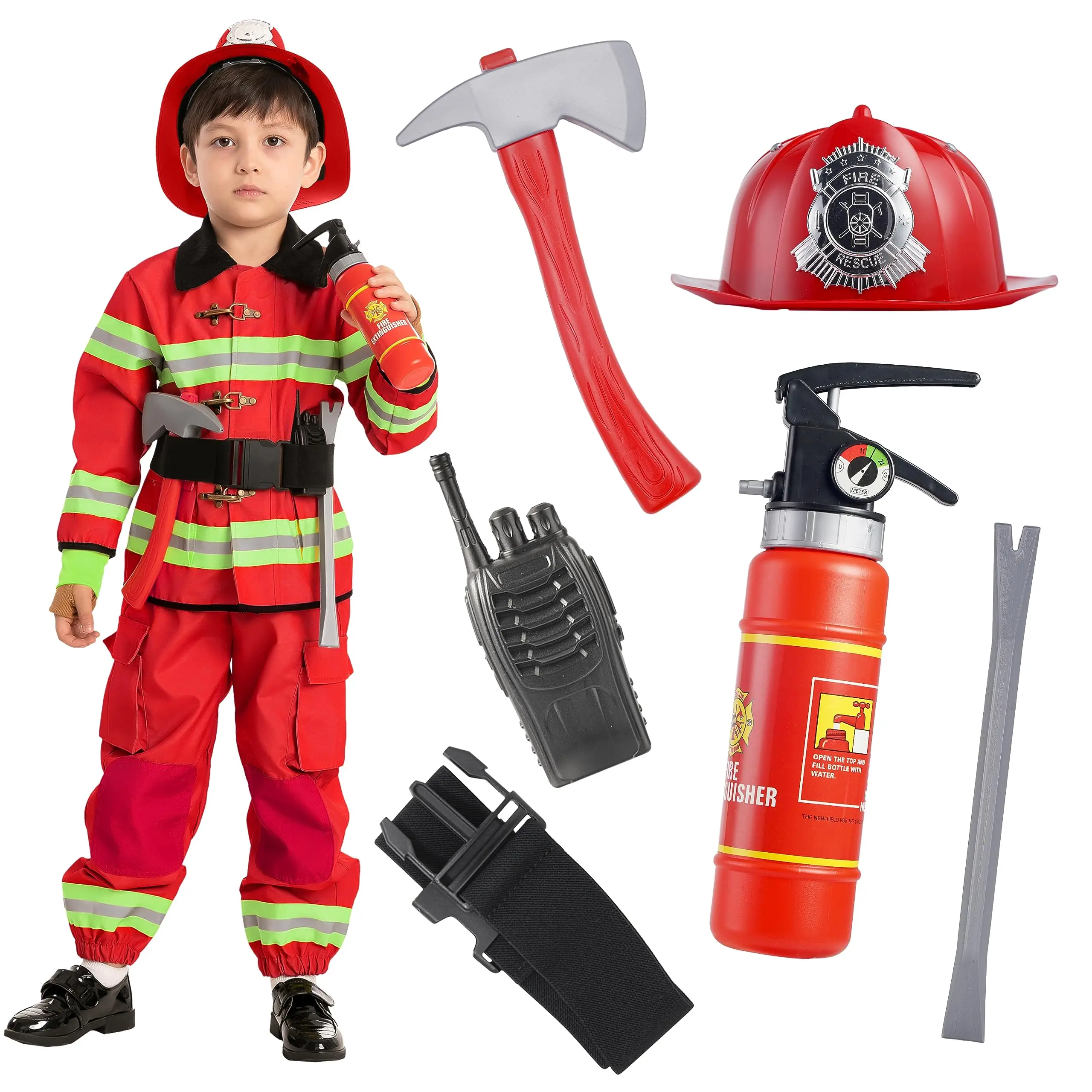 Funmular Creations Child Unisex Red Fireman Costume for Kids Halloween Cosplay Dress Up OEM/ODM