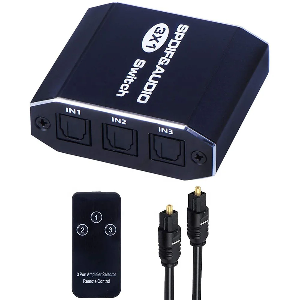 Digital SPDIF Toslink Optical Fiber Audio Switch 3 in 1 Out with Optical Cable Support Digital & DTS 5.1, PCM Stereo LPCM