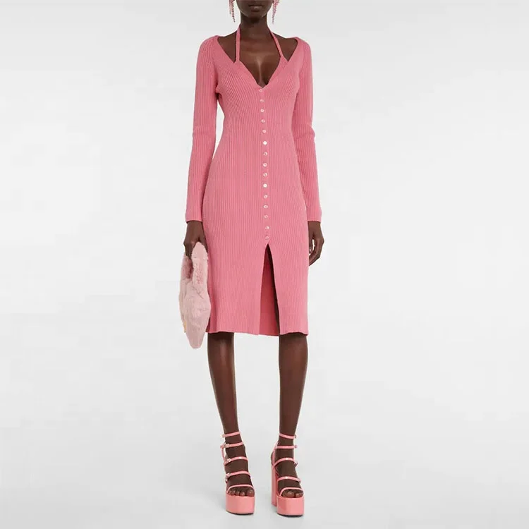 Factory Custom solid color v neck bra long sleeve single breasted split y2k clothes women wool rib knit sweater casual dress