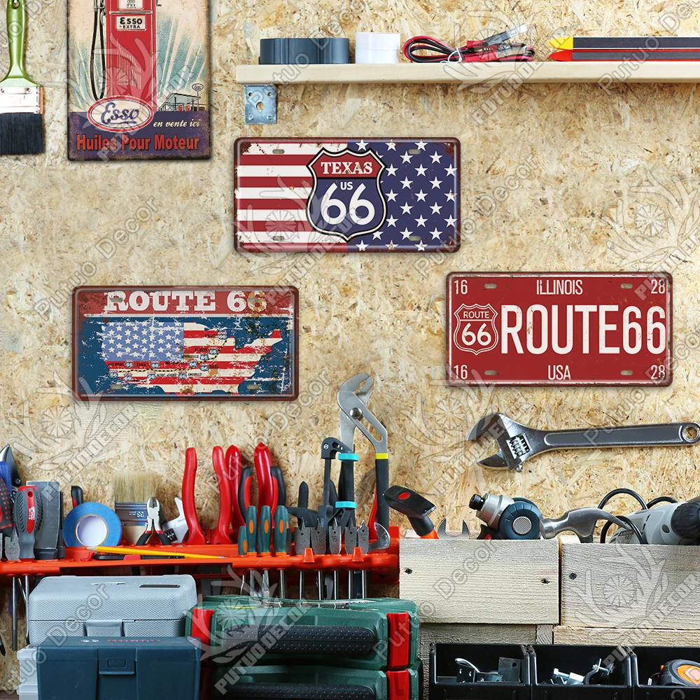 Putuo Decor Car License Plate Vintage Tin Plate Route 66 Metal Plate Printing Sign Garage Man Cave Decoration