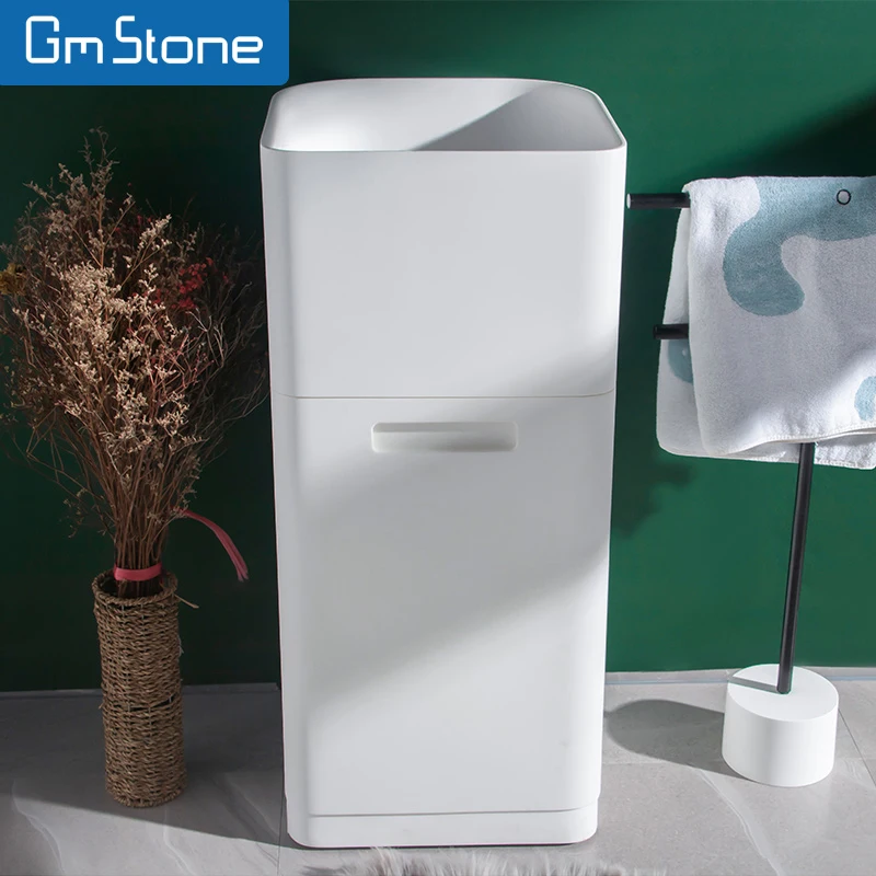 Newly Designed Italian White Marble Freestanding Wash Rectangular Pedestal Solid Surface Ceramic Sink Hotels Artificial Stone
