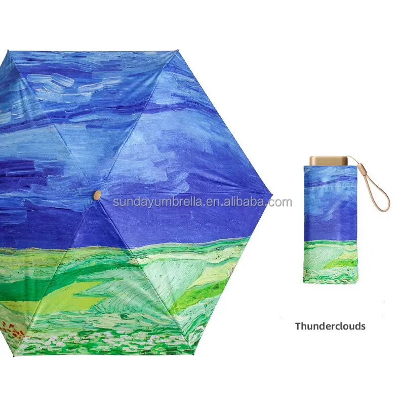 SD New Arrival 6-Folded Black Coating Umbrella Manual Oil Painting Design Pocket-Size Compact Parasol Adults Travel Wholesale