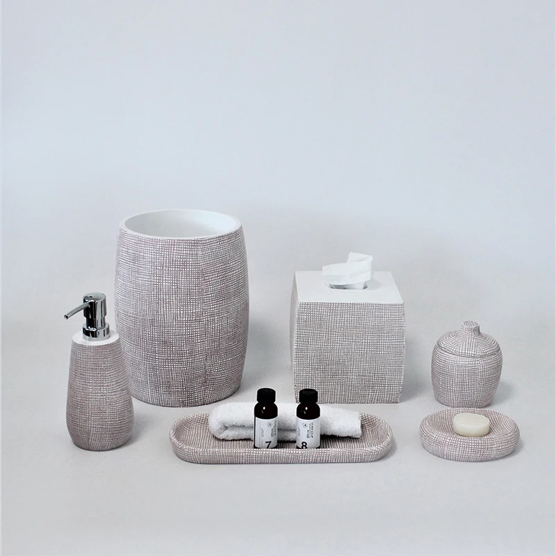 2021 factory price  luxury custom logo sand stone resin tissue box soap dispenser 6 pcs piece bathroom accessories sets