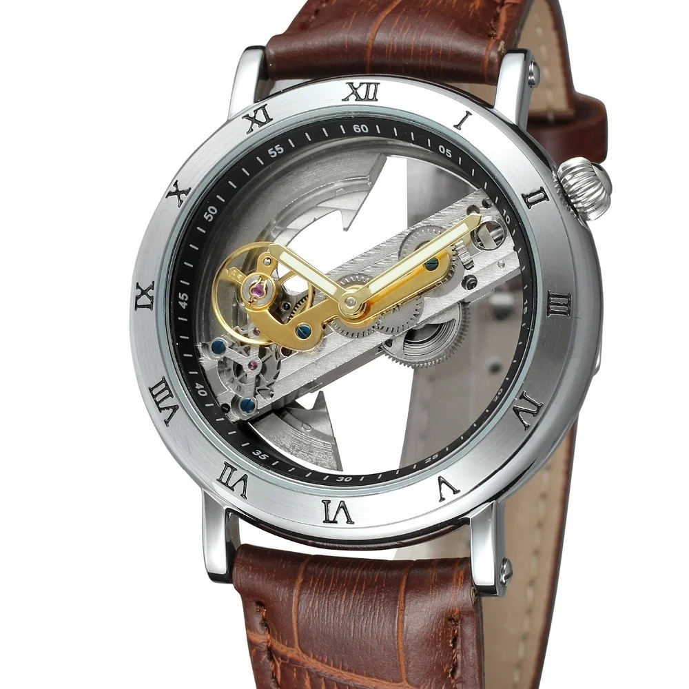 Classical Royal Skeleton Dial Design Gold Bezel Brown Leather Strap Full Skeleton Watches Men Wrist Mechanical