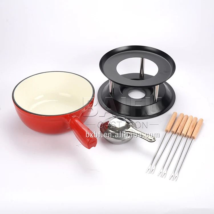 2-Quart Enamel Cast Iron Fondue Set Cheese Melting Pot Metal Stand with Stainless Steel Forks and Burner