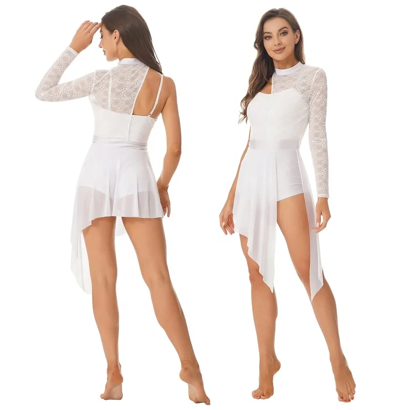 Costume Dance Womens Fashion Lace Patchwork One Shoulder Leotard Dress Ballroom Dance Latin Dress For Women