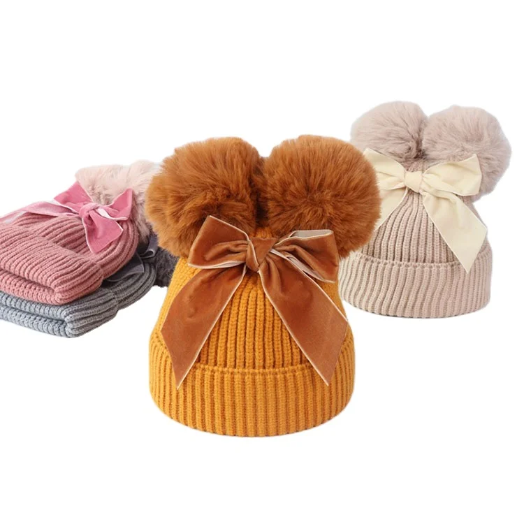 M1800 Winter Slouchy Beanie Double Pompom Warm Thicker Bow Knitted Hat Pom Pom Knit Baby Hats