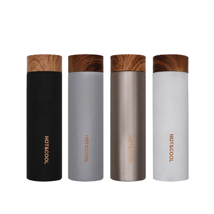 
Double Wall Stainless Steel Insulated Vacuum Flask Hot Cool Drinking Water Bottle with Wooden Grain Color Lid 