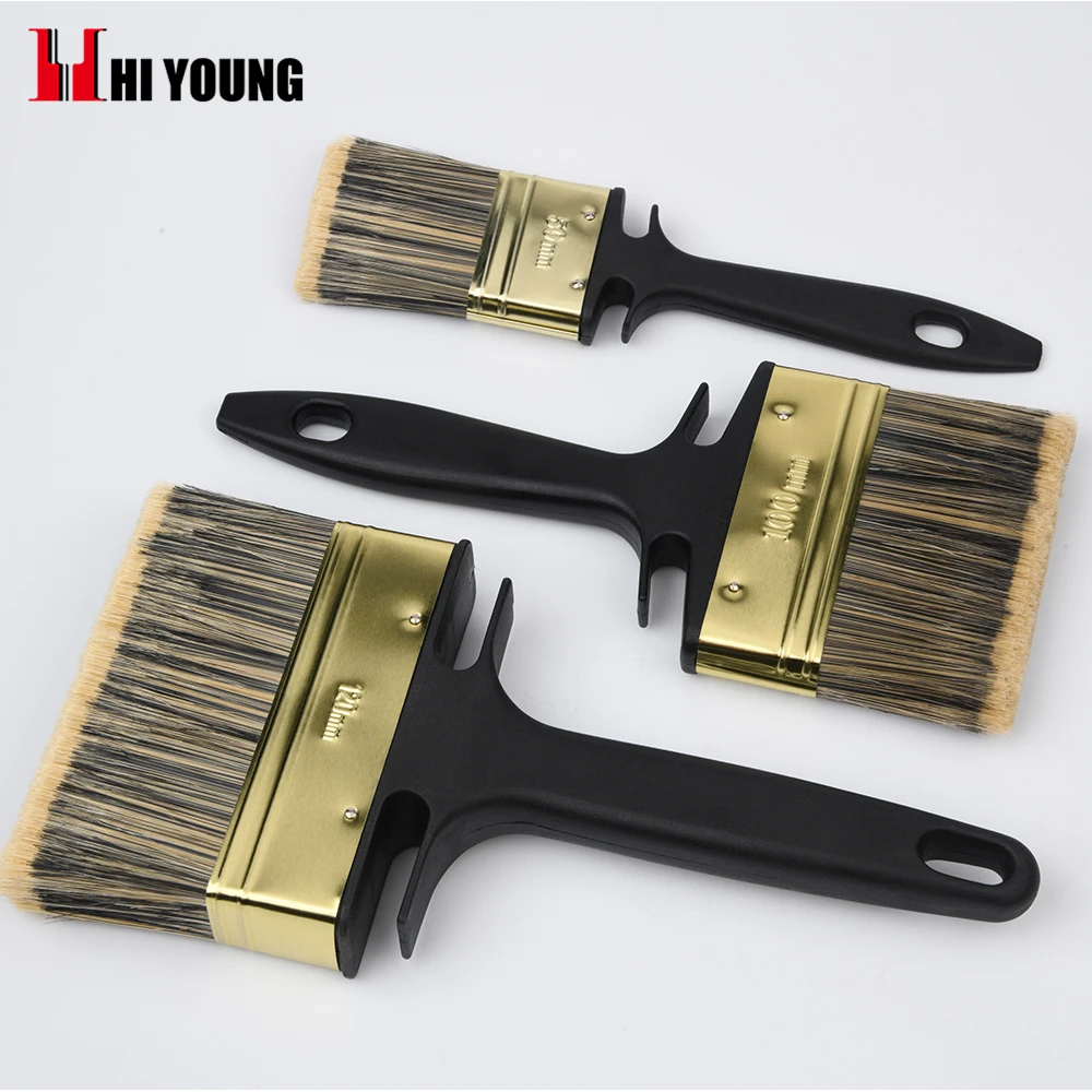 Custom Size Black and White Bristle mixed with Filament Brush Wall Painting Brush with Yellow plated Ferrule and Plastic Handle