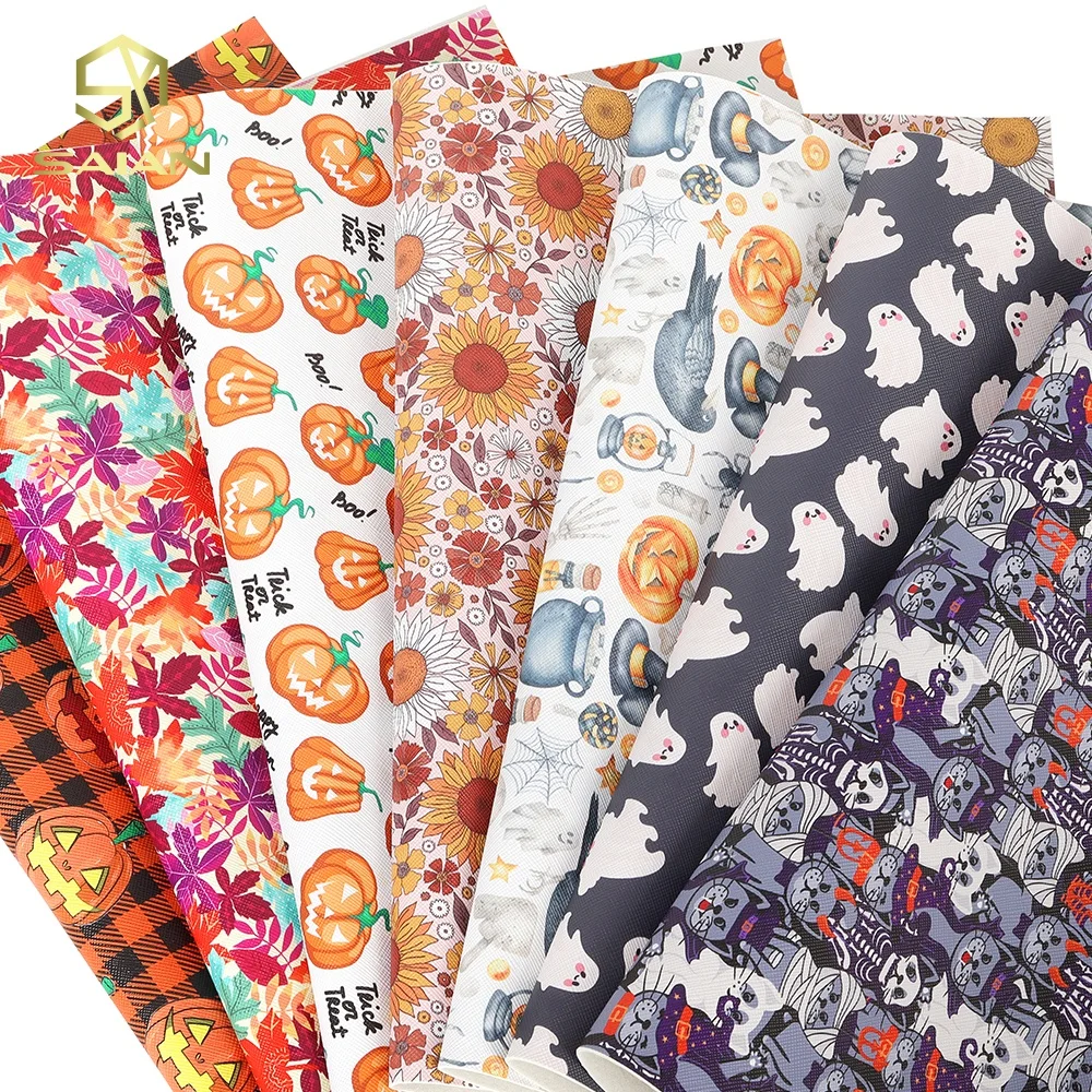Custom Colorful Halloween Pumpkin Series Printed Ghost Halloween Theme Printed Vinyl Faux Leather Sheets For Bags Bows Earrings