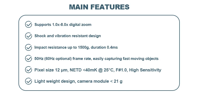 Anti-seismic Vibration Shock 1000g 1280x1024 Digital zoom 1.0-8.0x thermal camera module LWIR FLIR Night Vision for Drone UAV