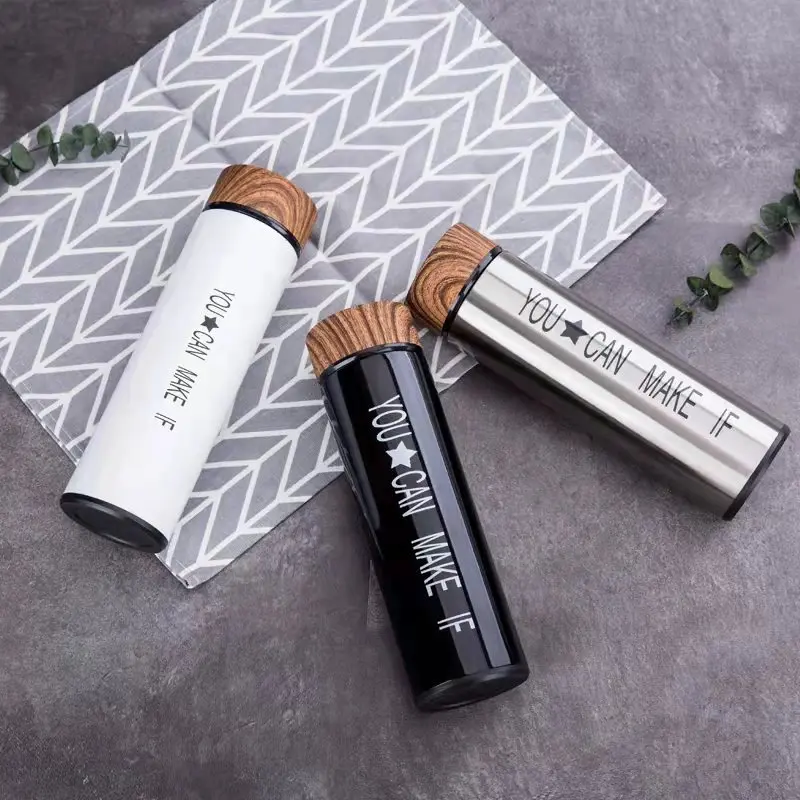 Double stainless steel insulated water bottles wood grain lid 12oz16oz available can be customized LOGO BPA Free Hot Water