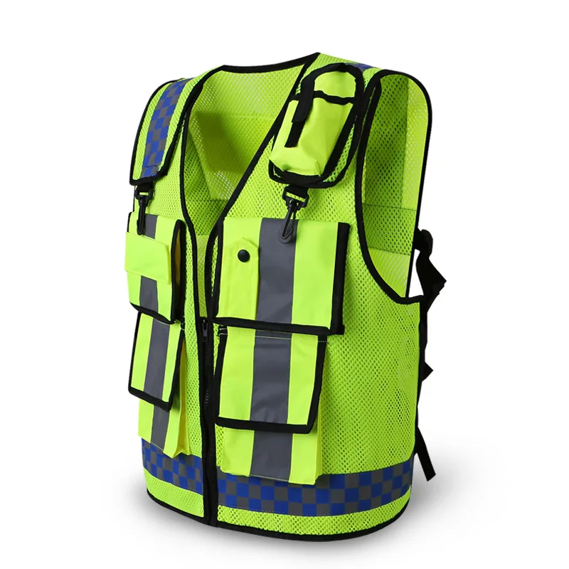 Multi-pocket Reflective Vest HI-VIS Vest Fluorescent Color Roadside Assistance Safety Suit Night Motorcycle Riding Breathable