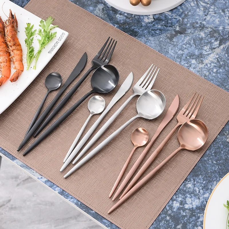 Stainless steel tableware color custom Portuguese thickened round handle ins style hotel high-end tableware 4-piece set