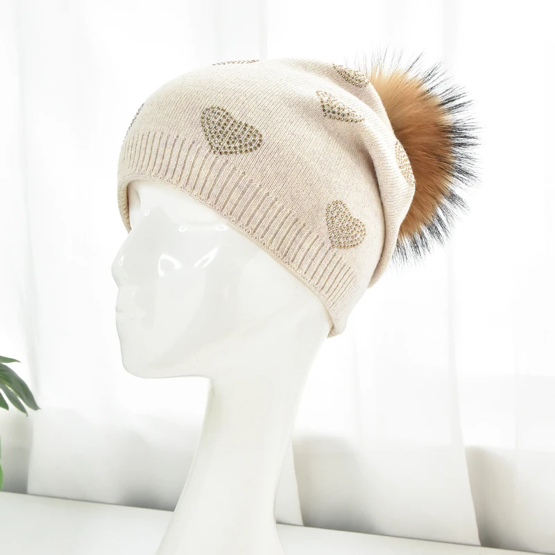 Wholesale Winter Knitted Beanie for Women Glitter Gems Stars Pattern Hat Outdoor Soft Wool Knitted Real Fur Pompom beanie Hat