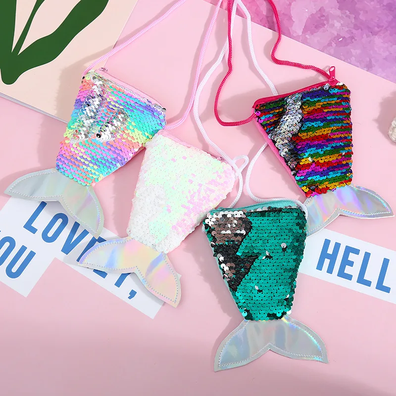 Factory Supply Fish Tail Sequin Hanging Rope Zero Wallet Kids Colorful Mermaid Plush Coin Purse Bag Mochilas De Pelucia