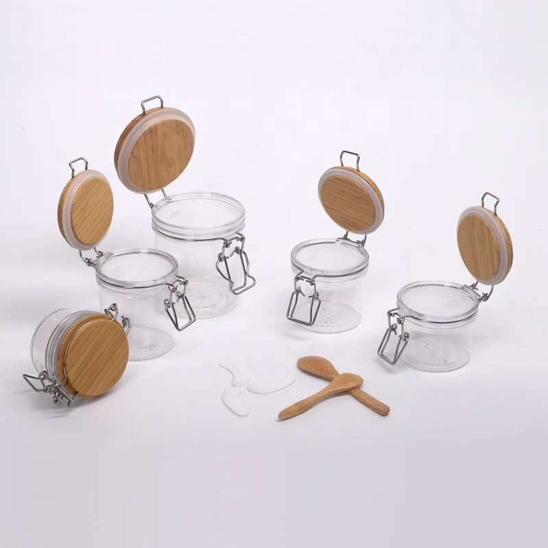 plastic cosmetic container 120 ml 150 ml 200 ml 250 ml 500 ml empty pet jar with bamboo lid wooden cosmetic jar