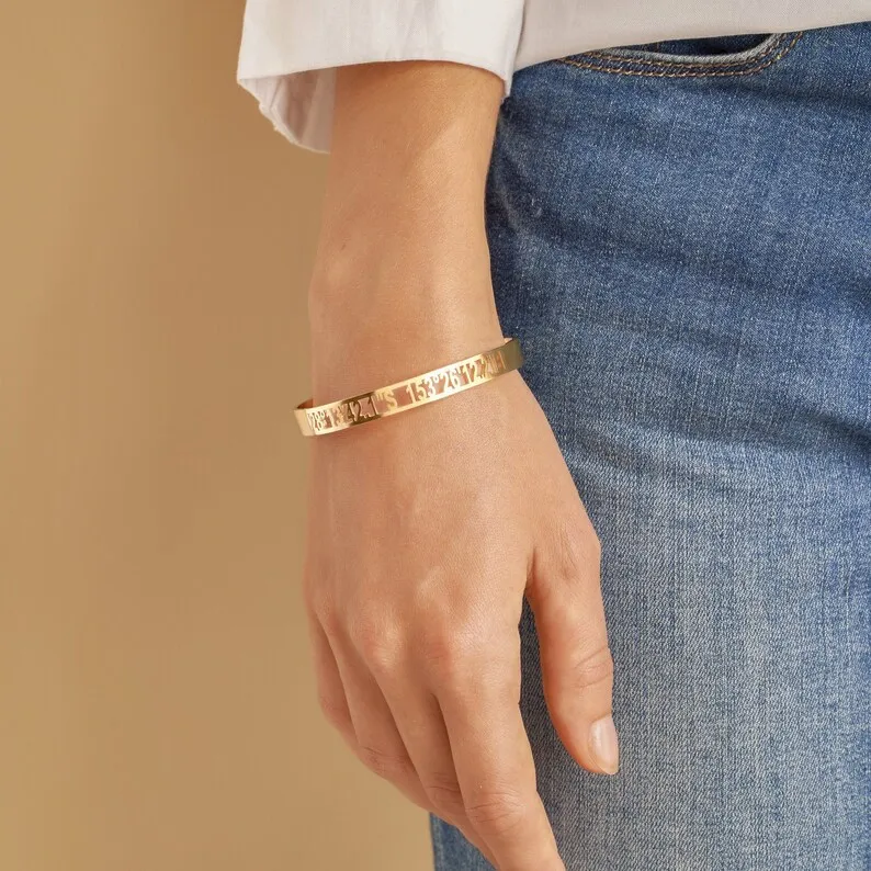 Cutout Coordinate Bracelet Custom Location Coordinates Cuff Bracelet Personalized Message Bangle Anniversary Gift Wedding Gift