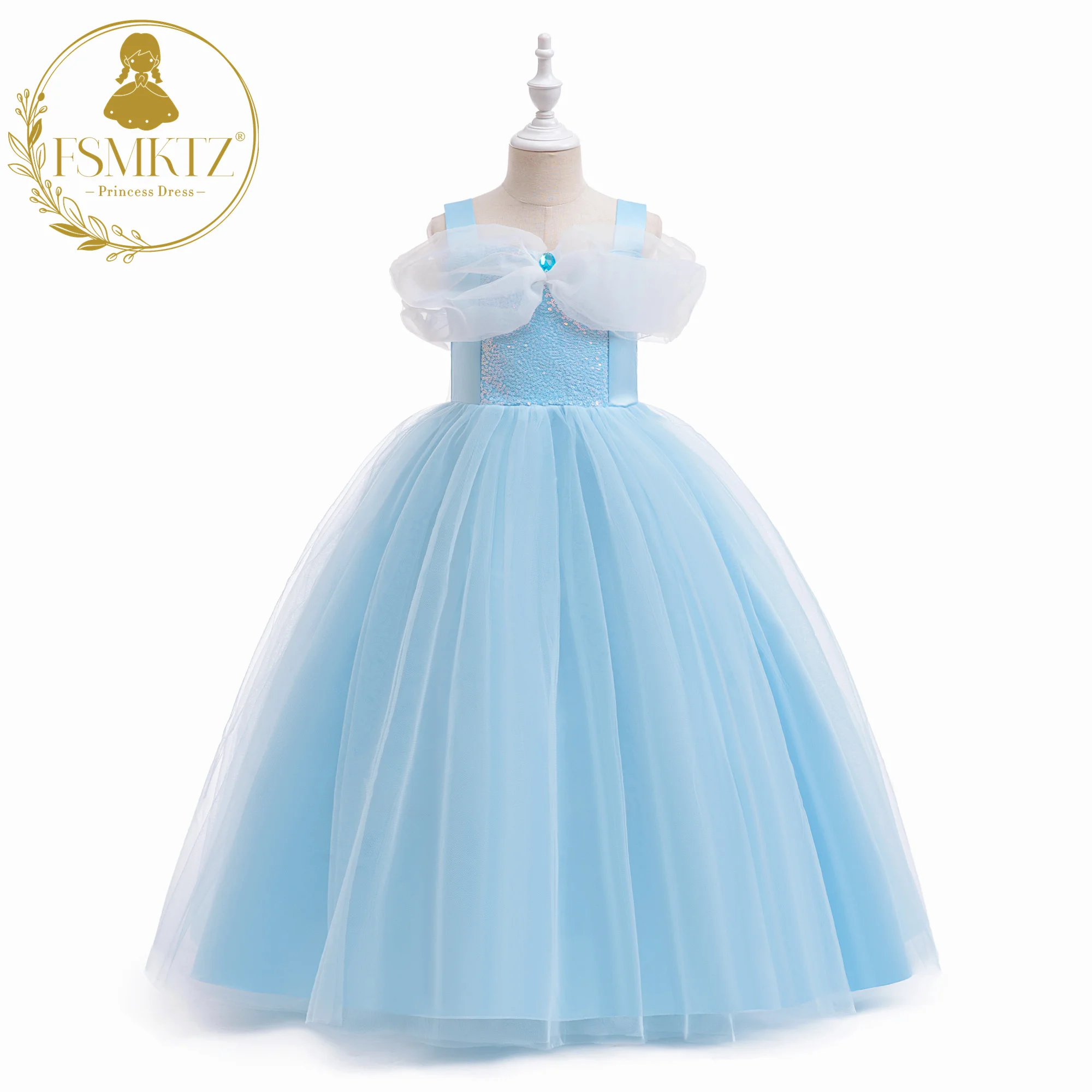 FSMKTZ New Design Light Blue Princess Long Dress For Girls 4 to 8 Years Sequins Flower Kids Dress Girls Cosplay Party Garment