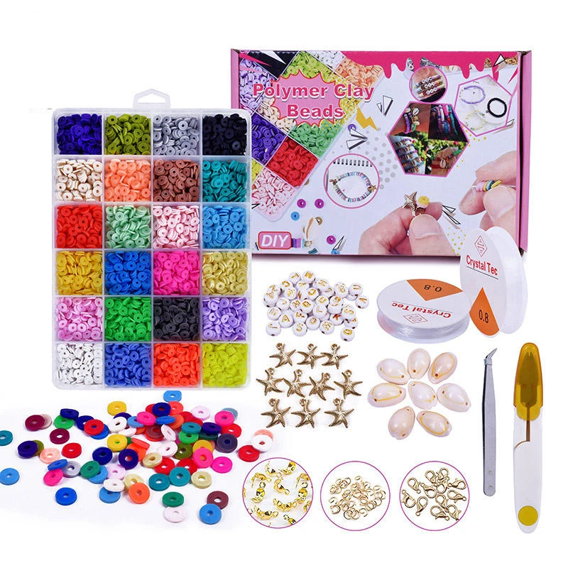 2023 Hot Sale Colorful Polymer Clay Beads Flat Round 6mm Decorative Clay Beads Diy Clay Bead Set with Charms