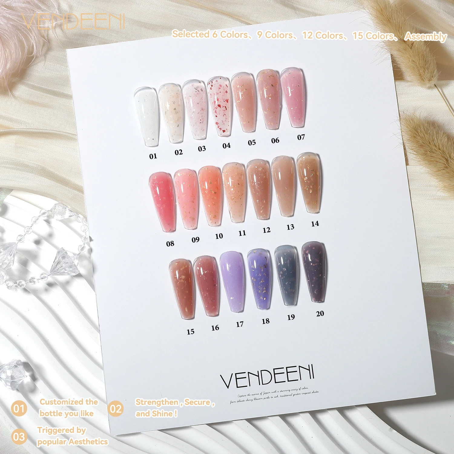 Vendeeni gold flake gel for nail extension 20 colors poly gel nail kit hema free gel builder for nails low moq wholesale