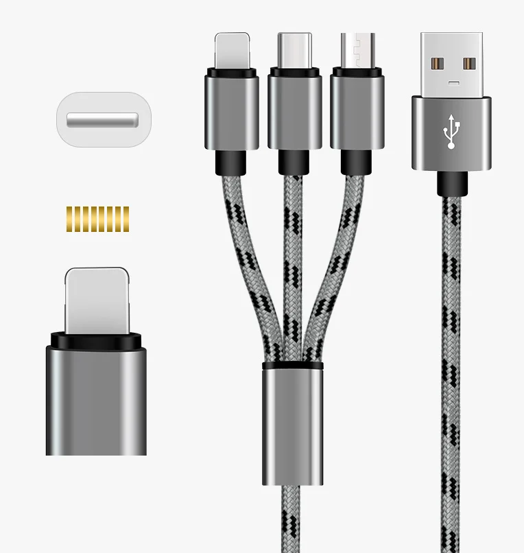Usb-кабель 3 в 1 с нейлоновой оплеткой и логотипом на заказ для быстрой зарядки телефона А