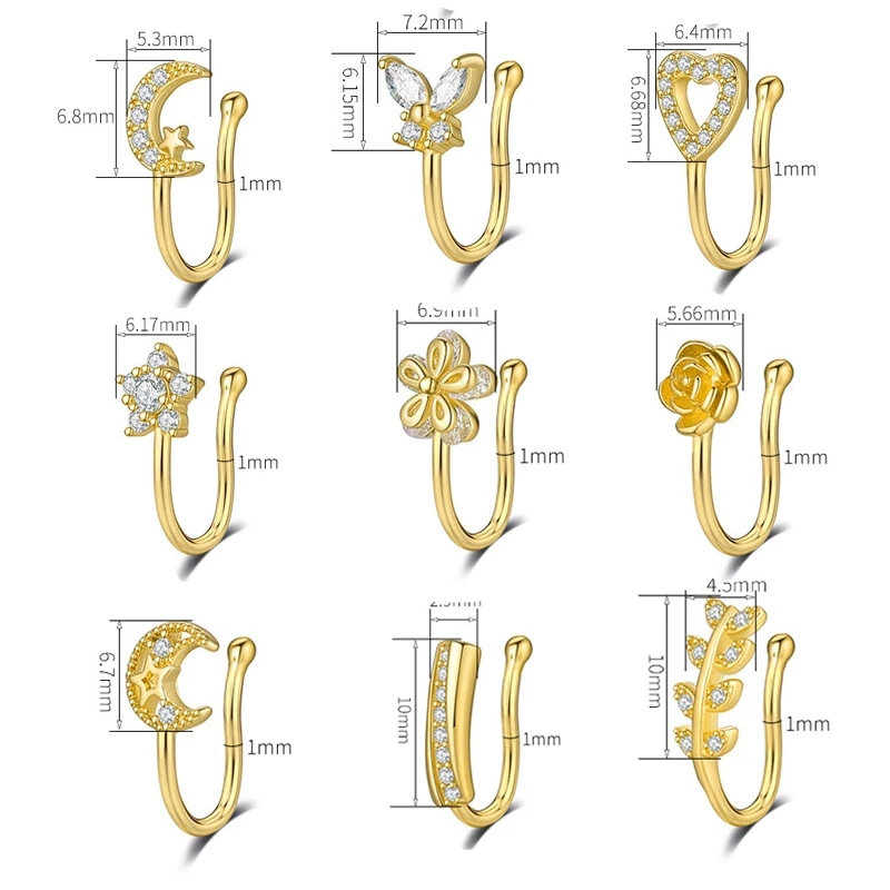 Wholesale Fashion Heart Star Zircon Faux Fake Piercing Jewelry Nose Cuffs Non Piercing Clip On Hinged Gold Nose Rings For Women